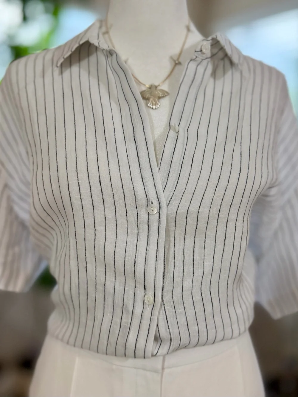 Eileen Fisher White Button-Down Shirt with Black Pinstripes - Picture 6 of 10